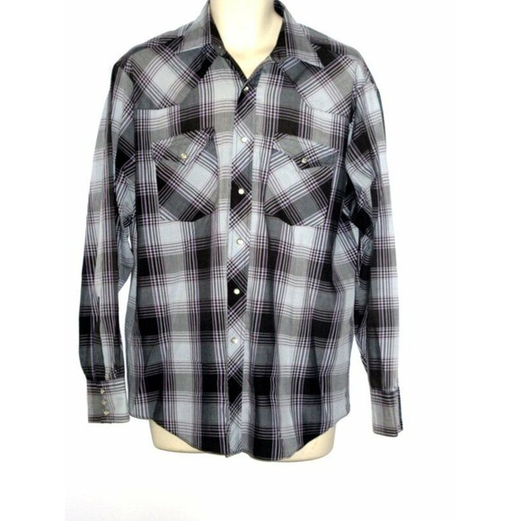 Lee Men's LS Western‎ Pearl Snap Shirt Gray Black Purple Plaid Check Large - Picture 1 of 3